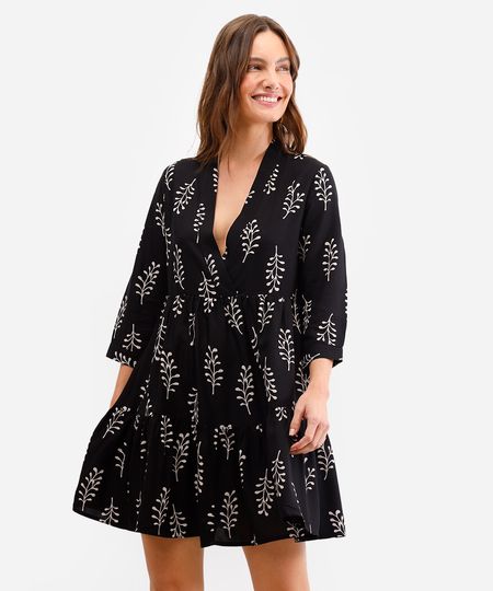 vestido feminino de viscose decote v folhagem preto PP vestido feminino de viscose decote v folhagem preto PP