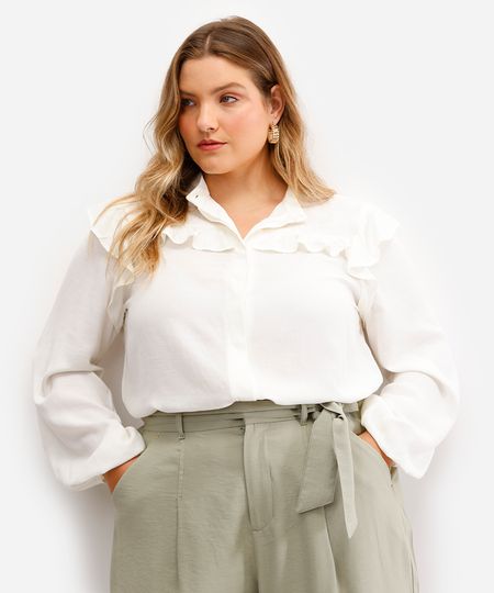 camisa feminina com babados plus size off white GG