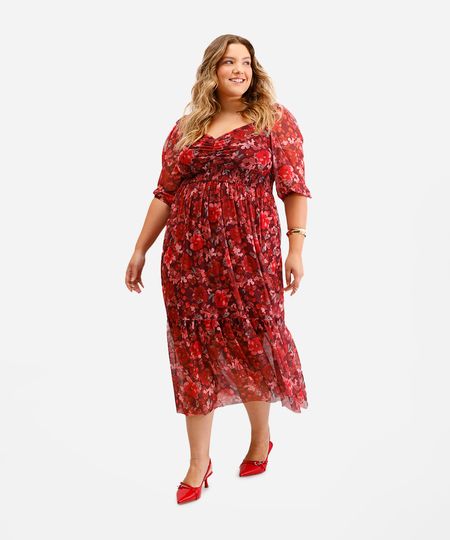 vestido midi feminino de tule floral plus size vinho GG4