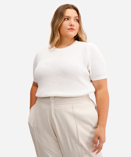 blusa feminina de tricot manga bufante texturizada plus size off white GG blusa feminina de tricot manga bufante texturizada plus size off white GG