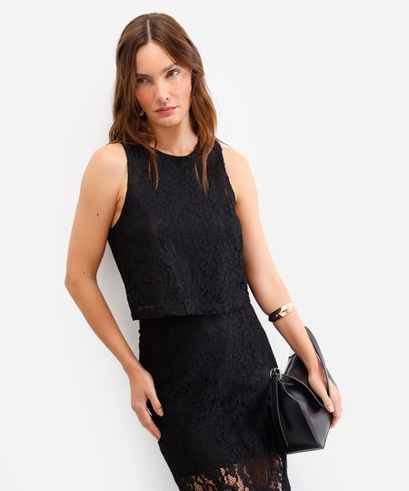 regata feminina de renda floral preto PP