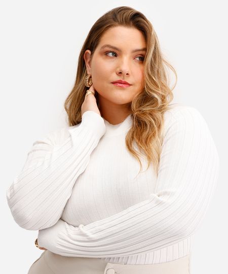 blusa feminina de tricot canelada plus size off white GG2