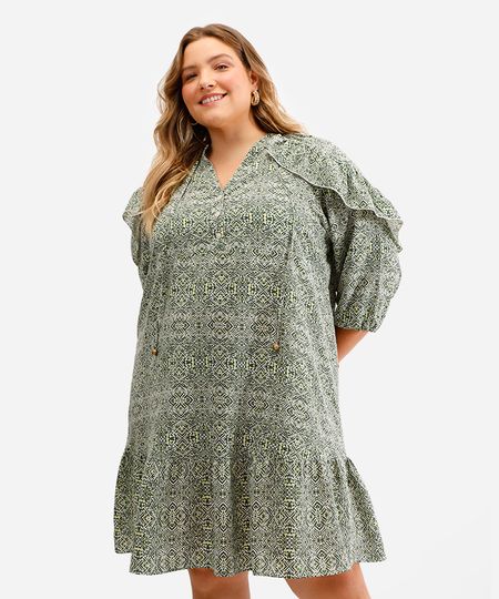 vestido feminino de viscose estampado com babados plus size verde GG4