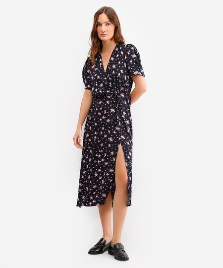 vestido midi feminino de viscose floral com fenda preto PP