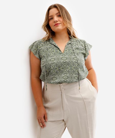 blusa feminina de viscose estampada plus size verde GG