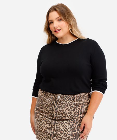 suéter feminino de tricot bicolor plus size preto GG4