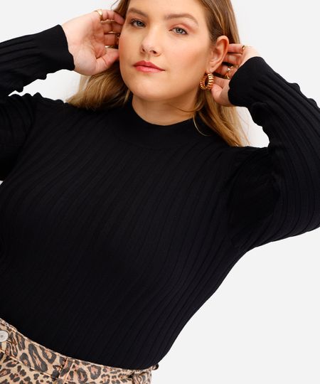 blusa feminina de tricot canelada plus size preta GG2