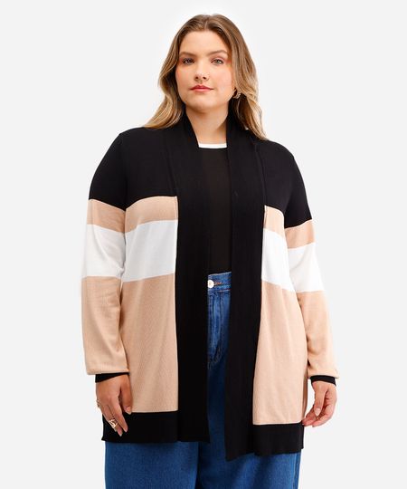 cardigan feminino de tricot listrado plus size bege GG3