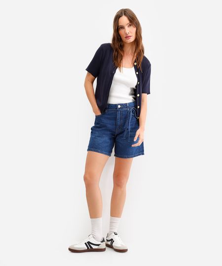 bermuda feminina jeans cintura média com cordão azul 34