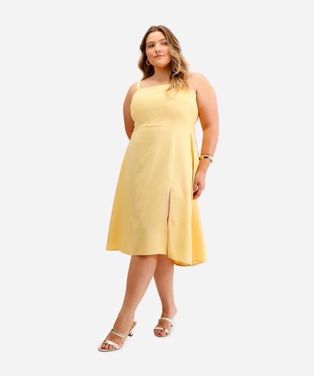 vestido feminino com linho e fenda plus size amarelo GG3