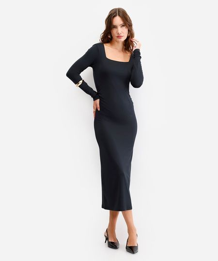 vestido midi feminino manga longa franzido preto PP