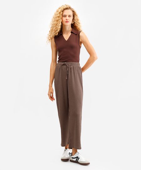 calça reta cós com elástico texturizada cinza P calça reta cós com elástico texturizada cinza P