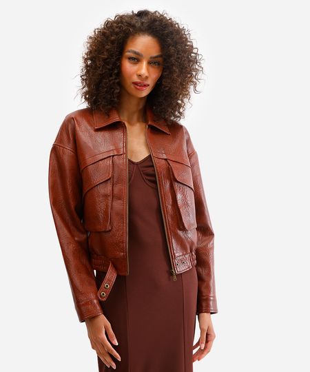 jaqueta bomber feminina de poliuretano marrom PP