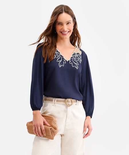 bata de viscose decote v folhagem azul M bata de viscose decote v folhagem azul M