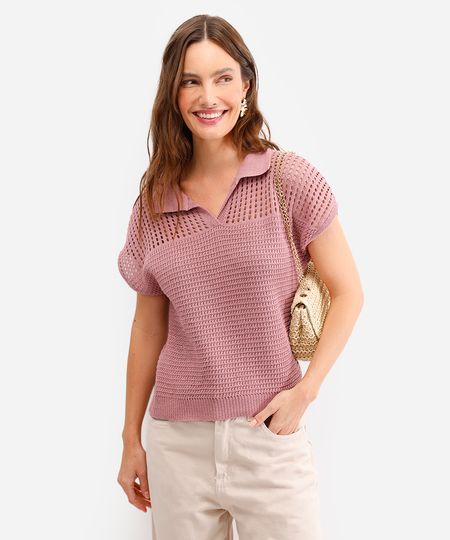 polo feminina de tricot manga curta rosa PP