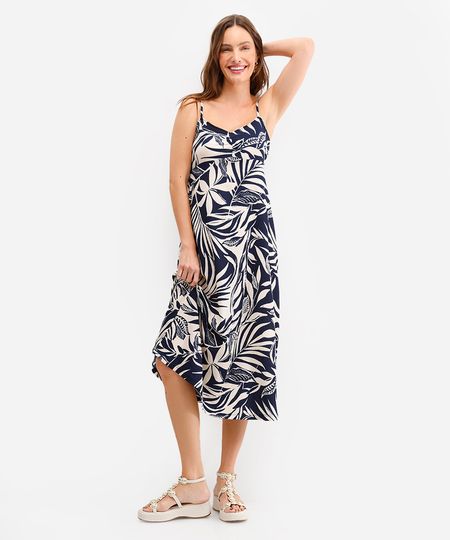 vestido midi feminino animal folhagens texturizado azul GG