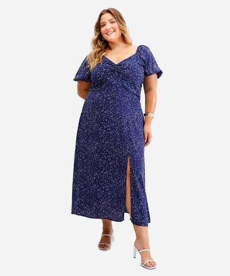 vestido midi feminino de viscose manga bufante poá plus size azul GG2 vestido midi feminino de viscose manga bufante poá plus size azul GG2