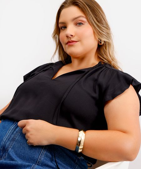 blusa feminina de viscose manga curta plus size preta GG1 blusa feminina de viscose manga curta plus size preta GG1