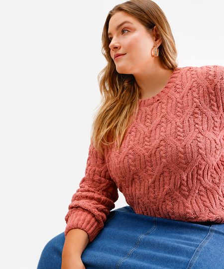 suéter feminino de tricot texturizado plus size rosa GG4