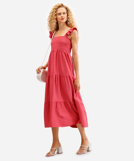 vestido midi feminino de viscose alça babado rosa P vestido midi feminino de viscose alça babado rosa P