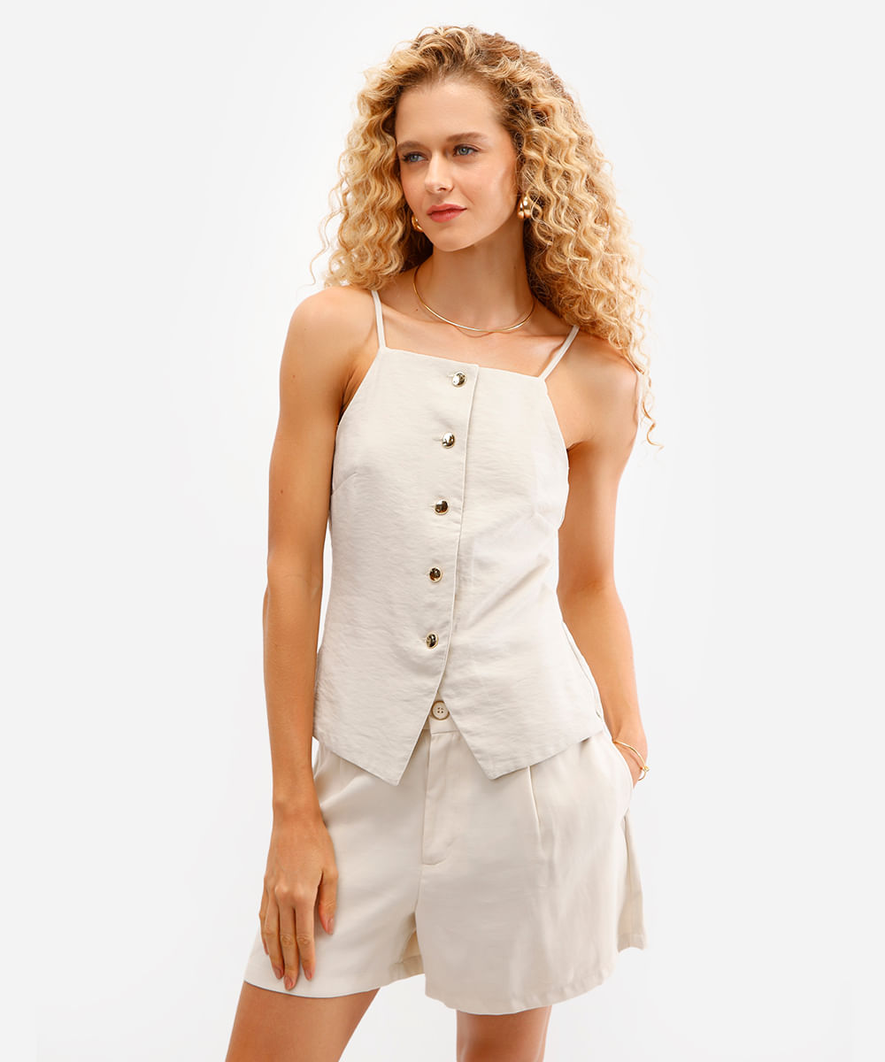 blusa feminina alça fina de viscose com botões bege