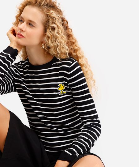 suéter feminino de tricot snoopy listrado - preto P