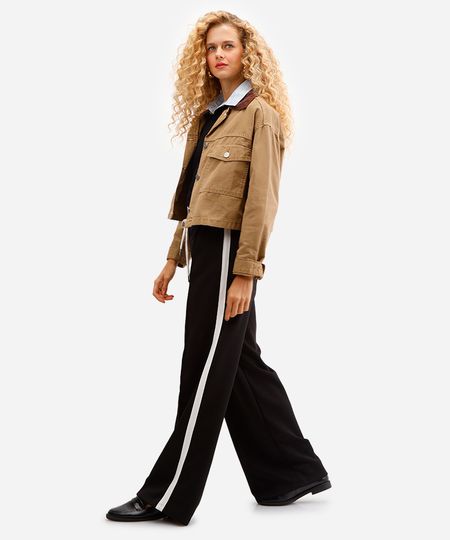 calça wide leg cós com elástico bicolor - preto P