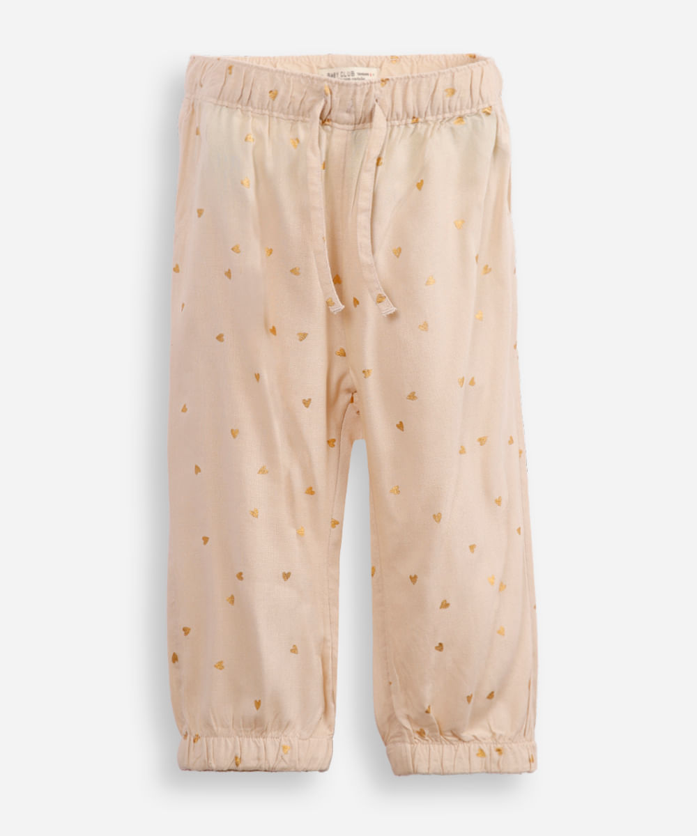 calça jogger infantil de viscose coração bege