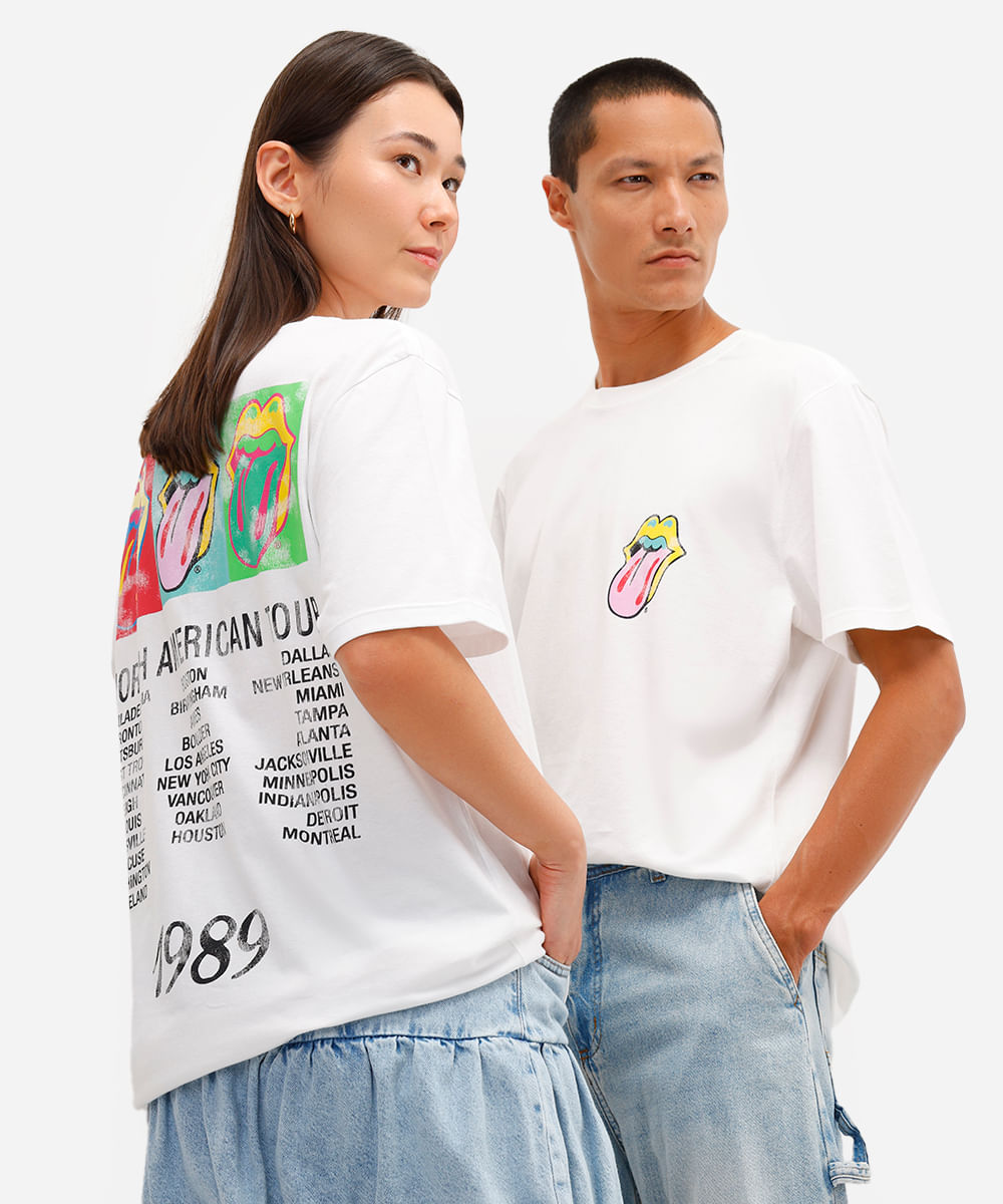 camiseta de algodão manga curta the rolling stones off white