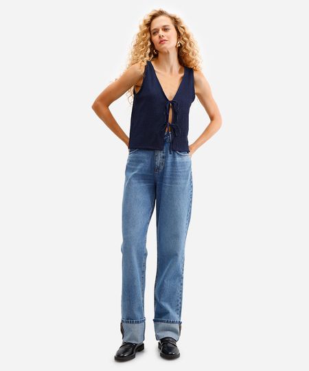 calça reta feminina jeans com barra dobrada azul 46