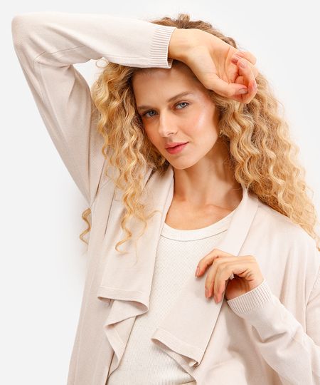 cardigan feminino de tricot manga longa bege M cardigan feminino de tricot manga longa bege M
