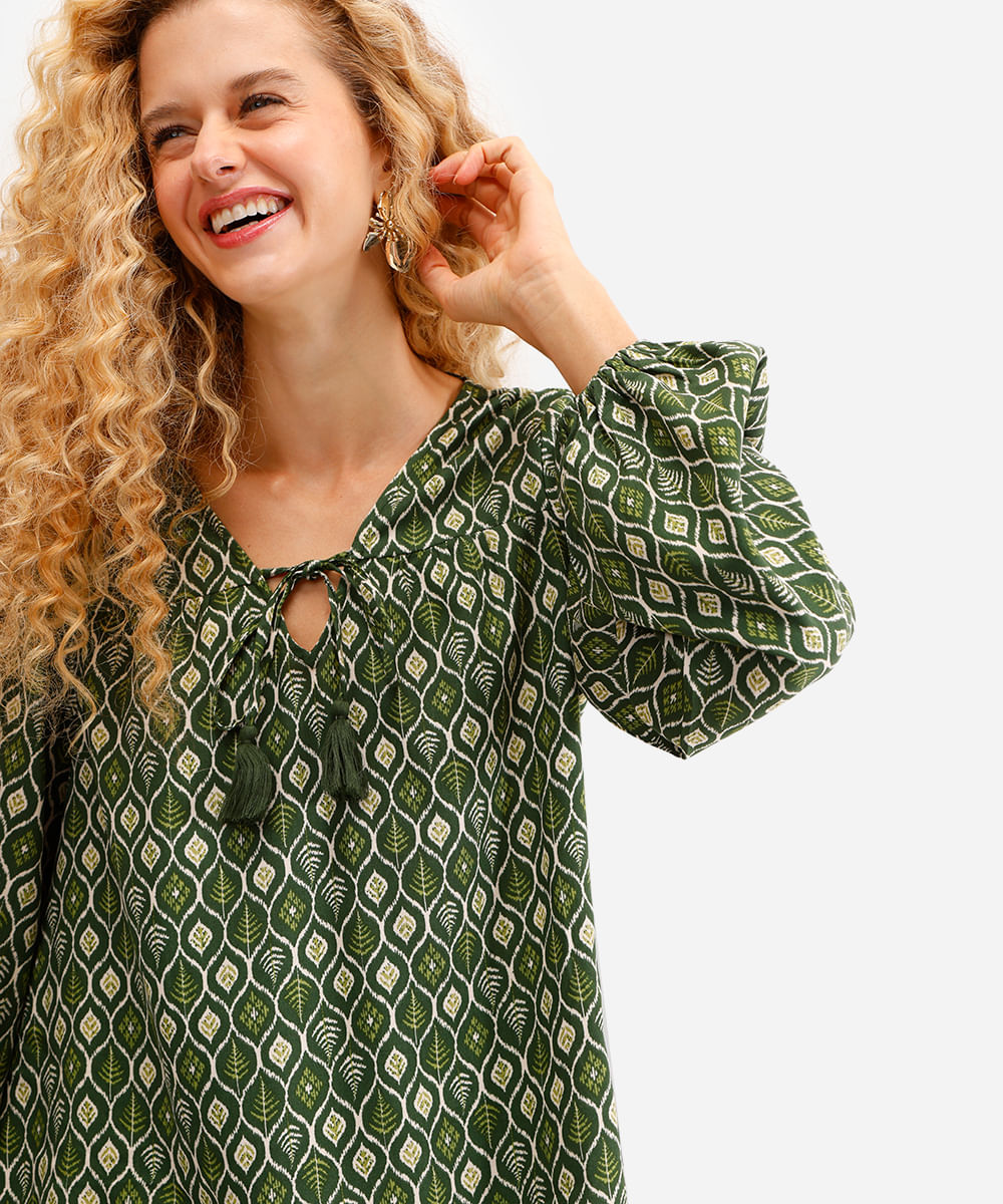 bata feminina de viscose manga longa estampada verde