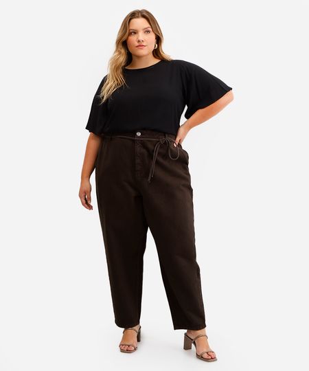 calça balloon feminina de sarja cintura média marrom 46