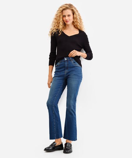 calça flare feminina jeans cropped barra a fio azul 34 calça flare feminina jeans cropped barra a fio azul 34
