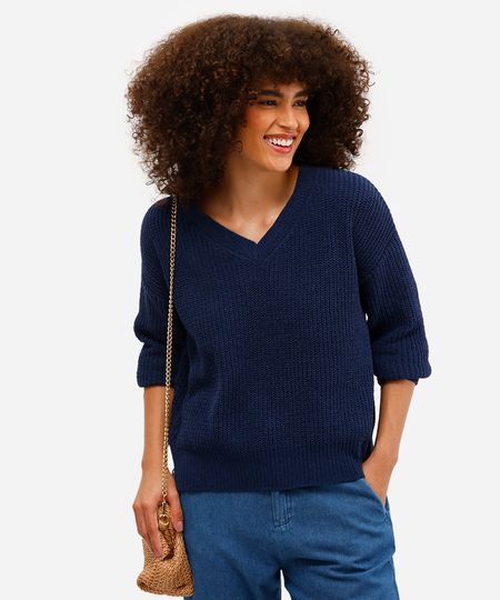 suéter feminino de tricot gola v manga longa azul PP
