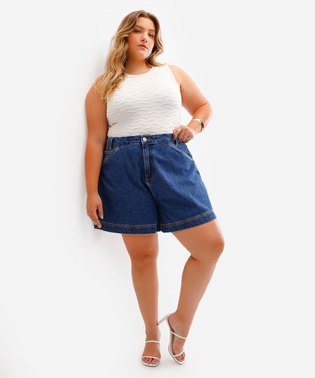 short feminino jeans cintura alta plus size - jeans escuro 48