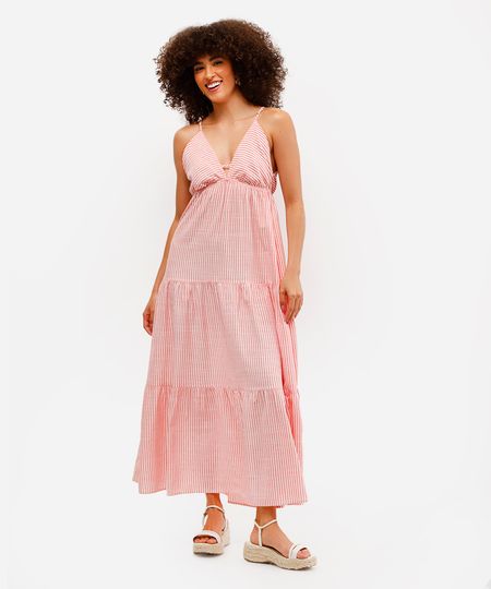 vestido longo feminino de viscose com recortes listrado vermelho M