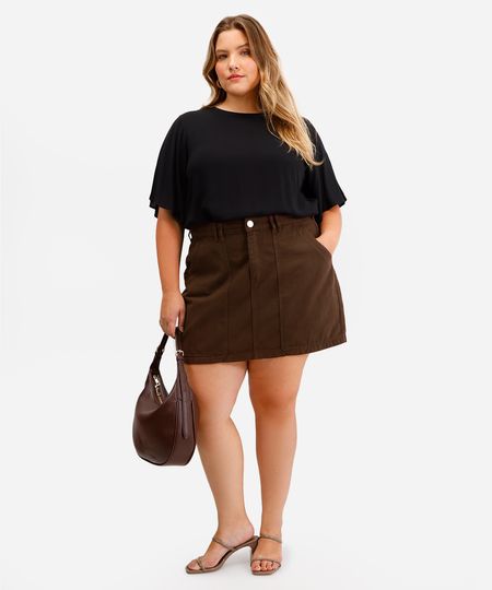 minissaia feminina de sarja plus size - marrom escuro 48