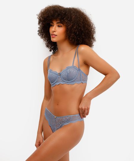 calcinha fio dental de renda floral azul P