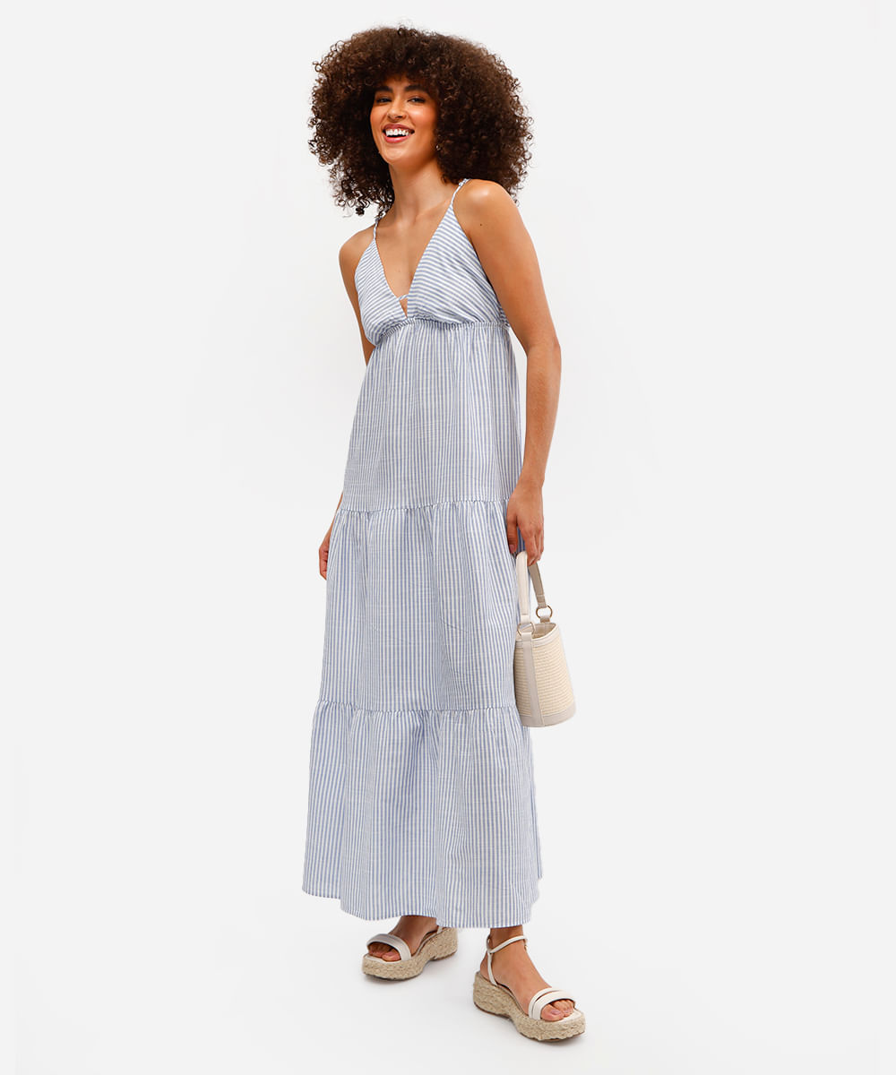 vestido longo feminino de viscose com recortes listrado azul