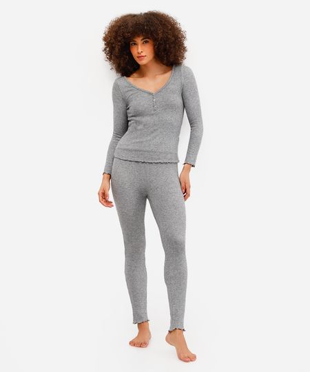pijama longo feminino canelado com lurex cinza M pijama longo feminino canelado com lurex cinza M