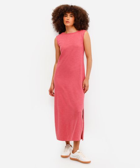 vestido longo de algodão com fendas rosa PP