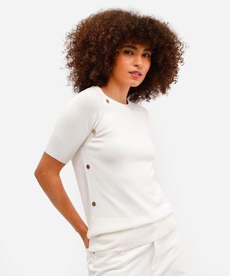 blusa feminina de tricot com botões manga curta off white PP