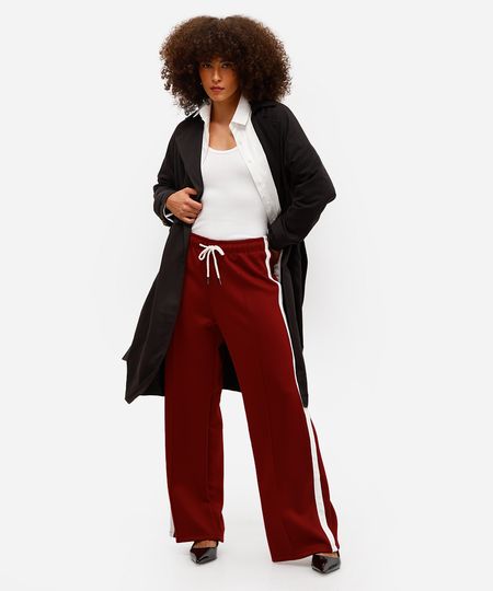 calça wide leg feminina cós com elástico bicolor vinho PP