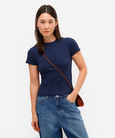 blusa de algodão canelada manga curta azul PP blusa de algodão canelada manga curta azul PP