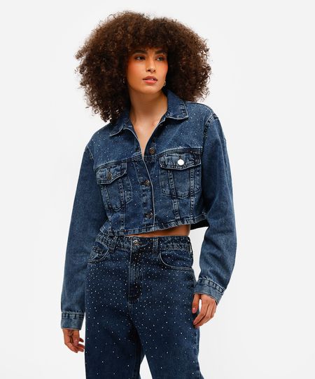 jaqueta cropped feminina jeans com brilhos azul M