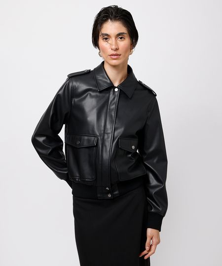 jaqueta bomber feminina de poliuretano mindset preta P
