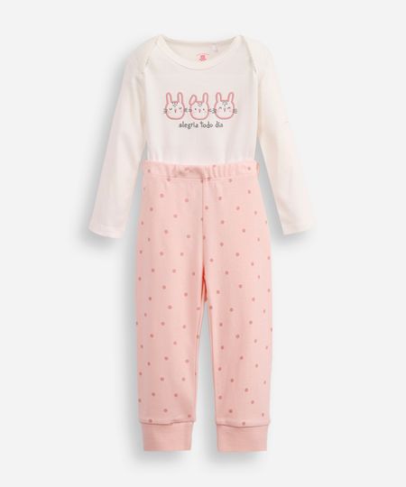 conjunto infantil longo de algodão com bordado rosa 0-3