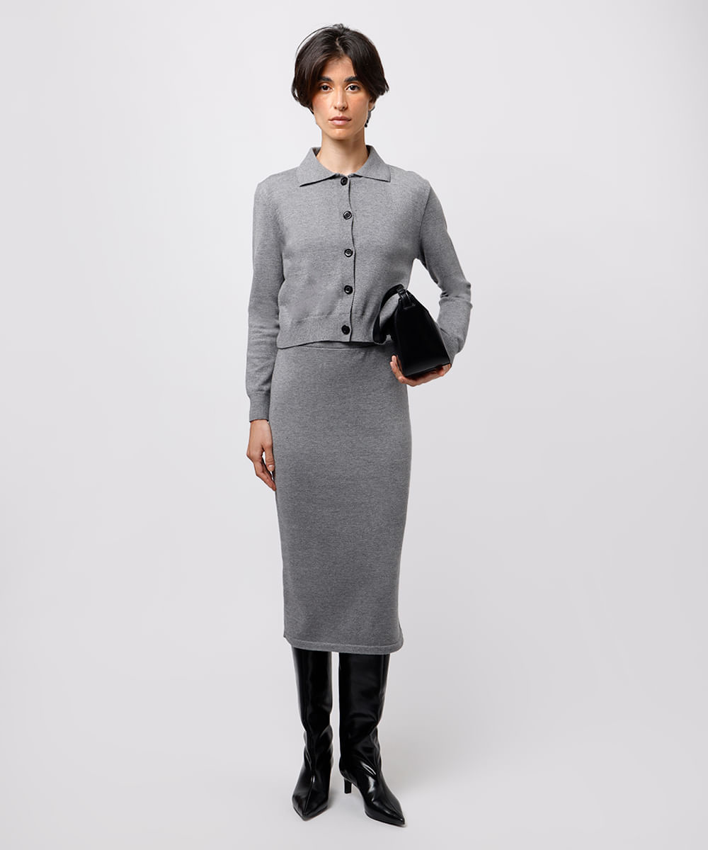 saia midi reta feminina de tricot mindset cinza