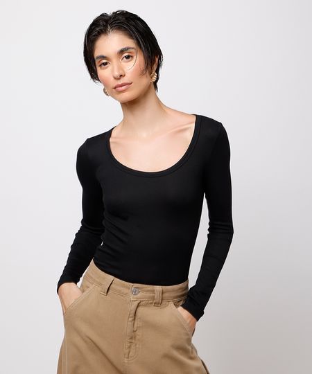 blusa long top feminina manga longa canelada mindset preta M